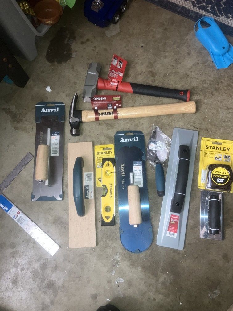 CONCRETE TOOLS + HAMMER + 4LB SLEDGE + MEASURING TAPE