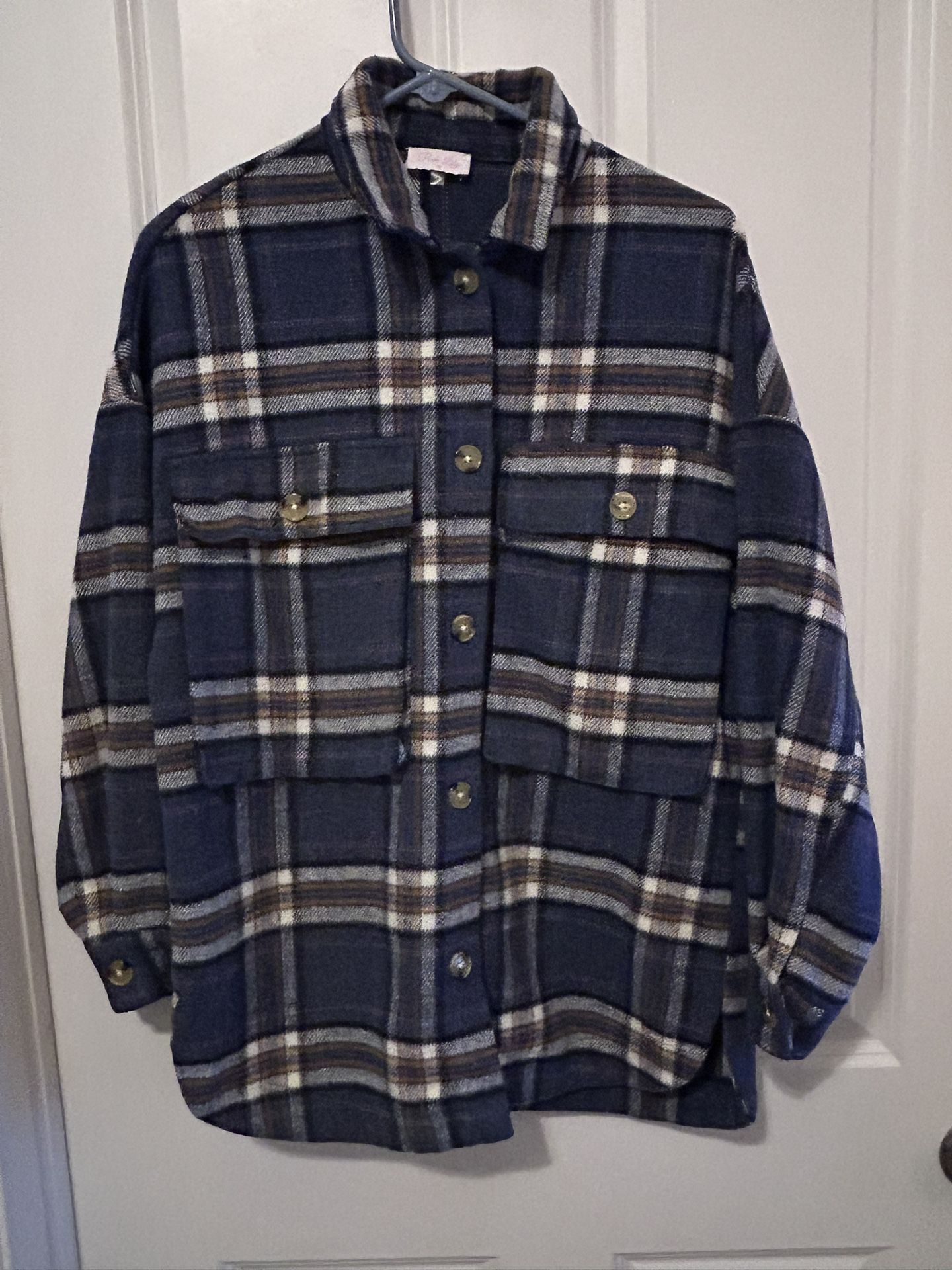 Pink Lily Flannel Shirt Womens Oversized Medium Blue Plaid