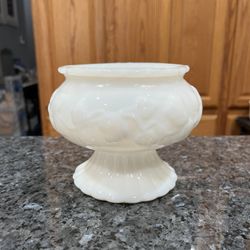 Vintage Floral Vine Pedestal Planter Iridescent White Milk Glass Vase.  Size approximately 4 1/2 inches tall and 5 1/2 inches wide.  Preowned