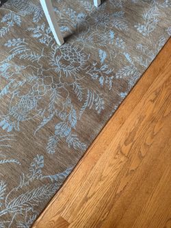 Floral Area Rug Taupe and Blue  Custom Cut and Bound Wool