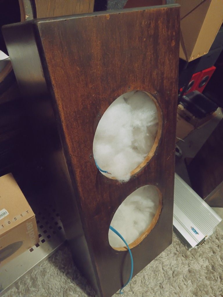 Custom Long Dual 10-in Subwoofer Box. Walnut Stain Shellaced And Sealed. OFC Sky High Wire.