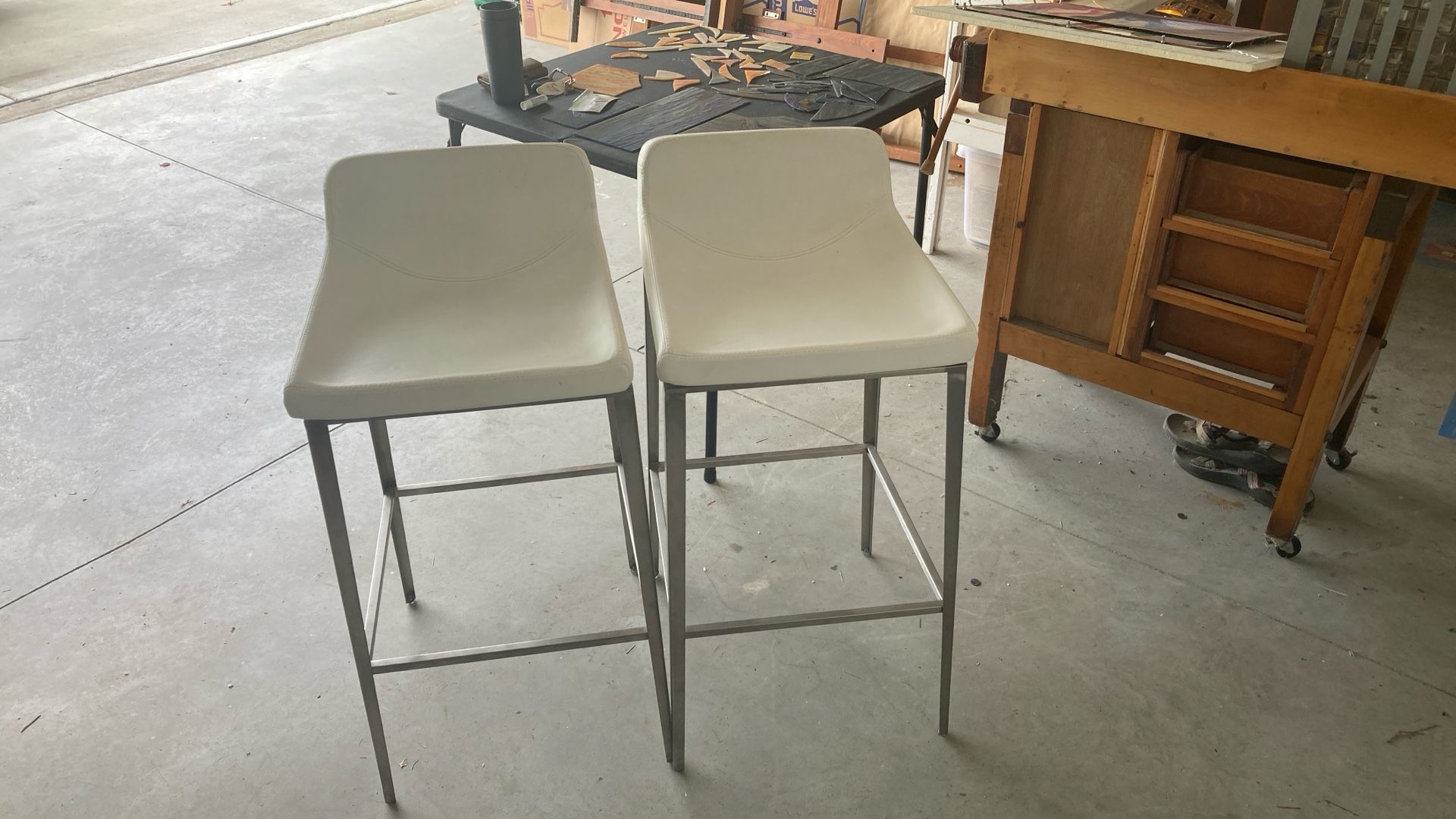 2 White Bar Stools w Metal Legs