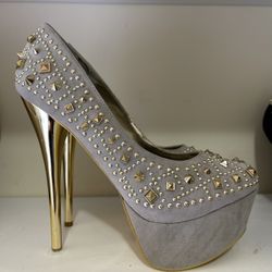 Grey High Heels With Rhinestones