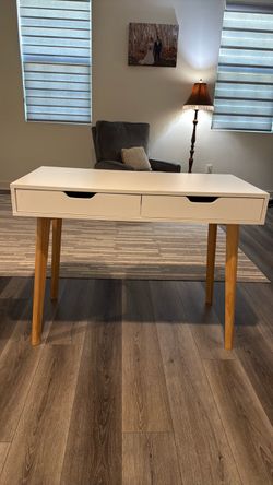 White Mid-Century Modern Desk with Two Drawers and chair