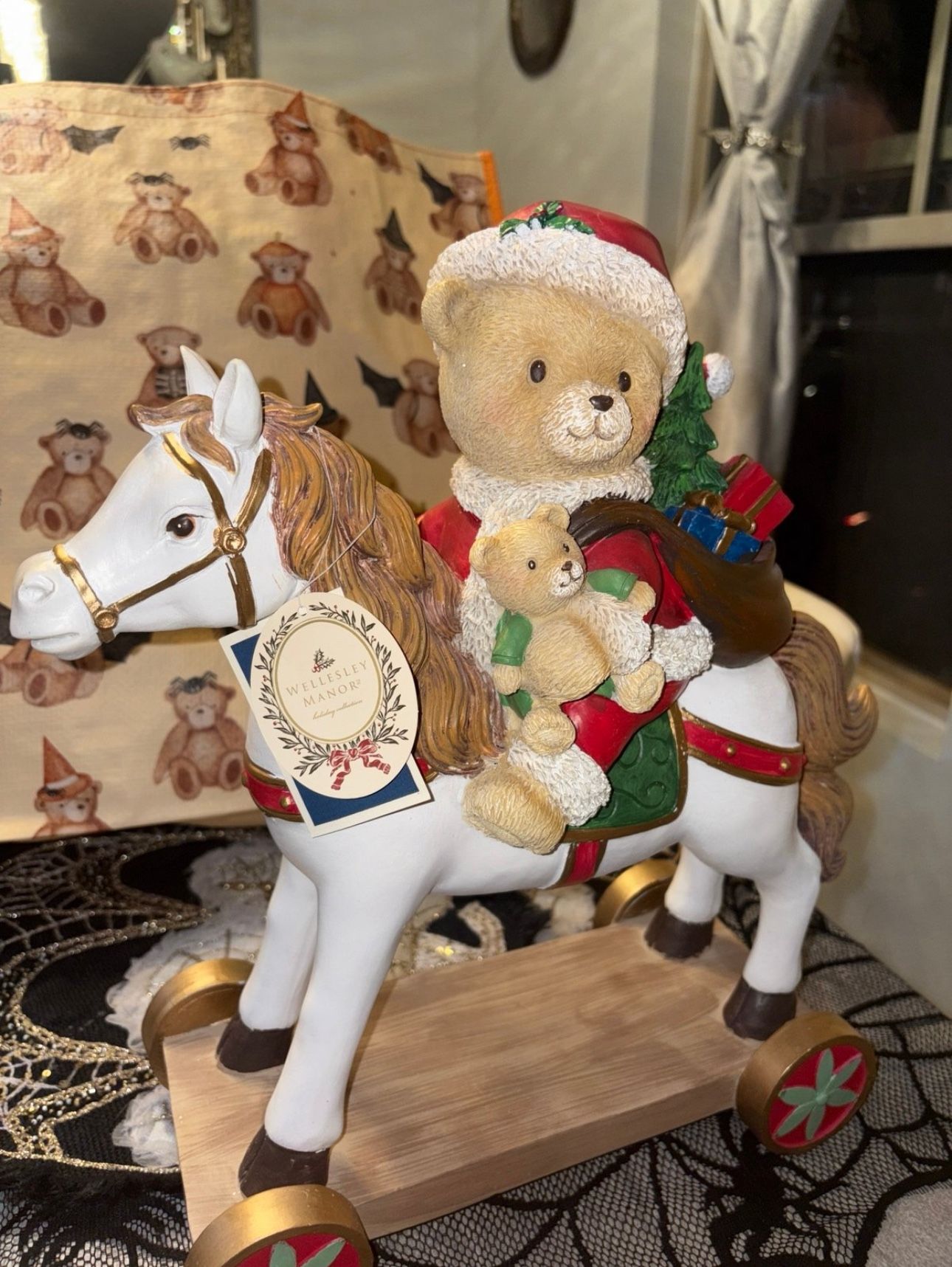 Wellesley Manor Christmas Collection Large Santa Teddy Bear on Rocking Horse