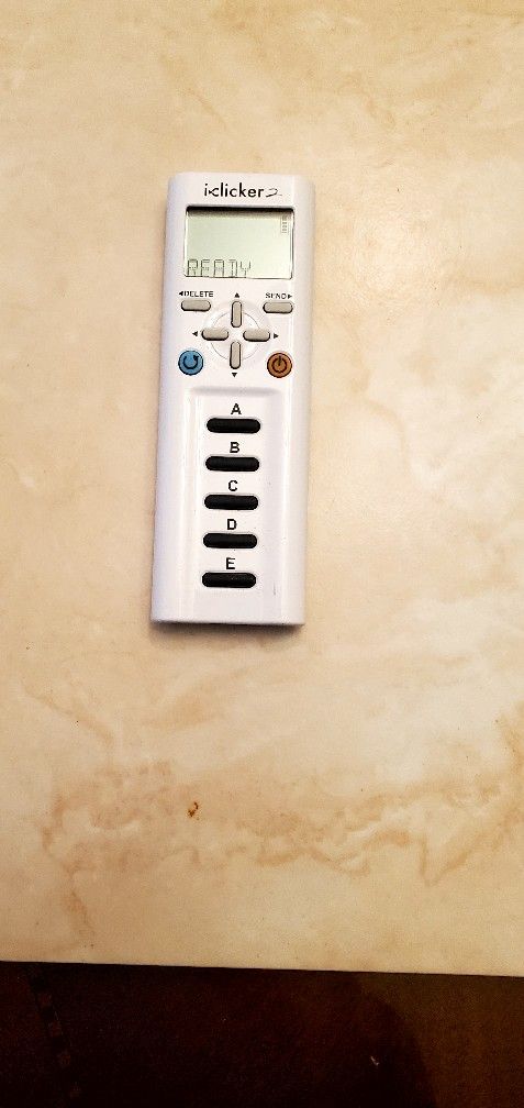 The i>clicker 2 is a student remote that allows participation in classroom quizzes and polls. It has A-E buttons for multiple choice, and additional b