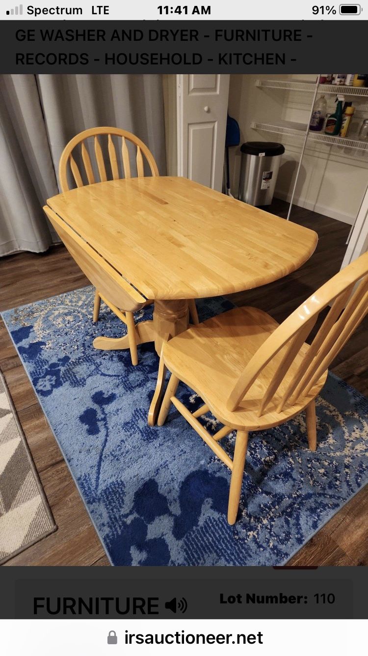 Pedestal, 42” Drop Leaf Dining Room Table & 2 Chairs.