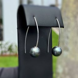 Jewelry 14k solid white gold natural black Tahitian pearl drop earrings