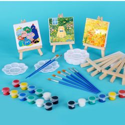 14 Set Mini Acrylic Paint Kit, Mini Stretched Canvas with Easel, Valentines Day Gifts, Acrylic Paint Strips, Paint Palettes, Painting Brushes, Ca