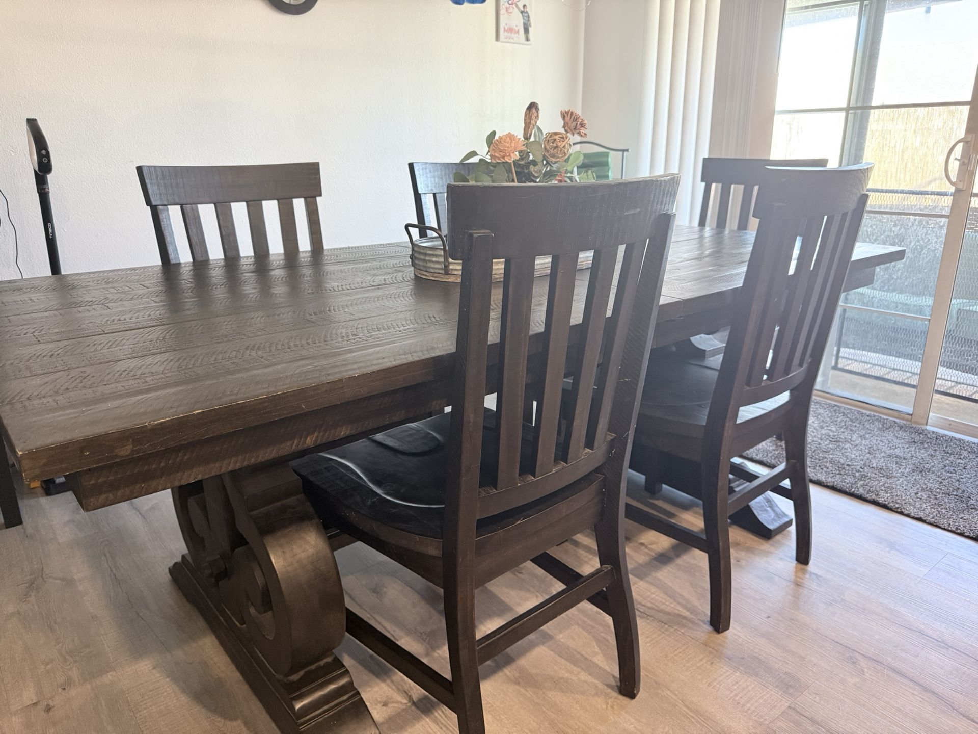 Hacienda Gray Pine Dining room Table 6 Chair Set - 80” L -112” L