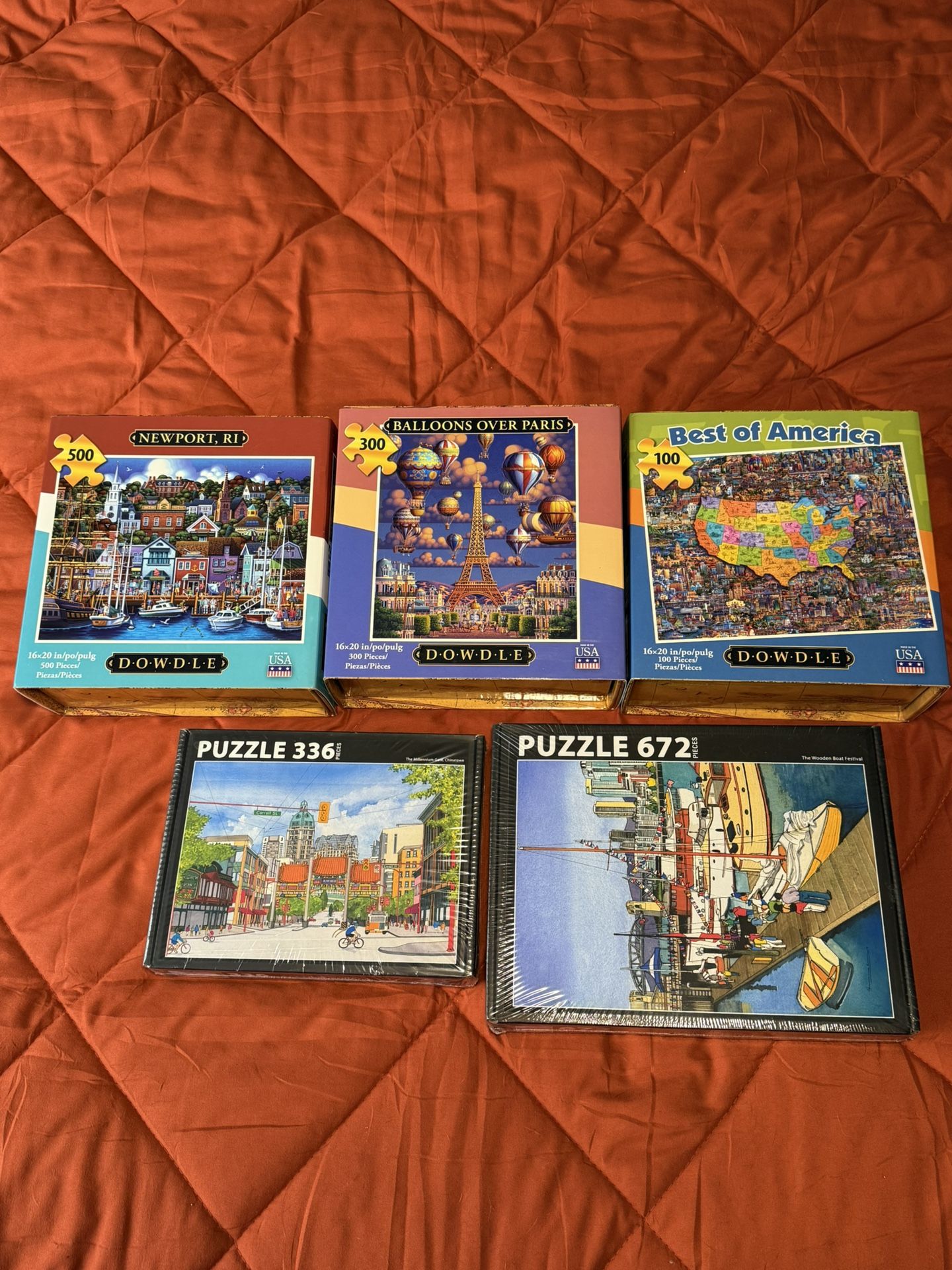 Brand New 5 PUZZLE LOT: Dowdle (100-500pc) + Hillary Morris (336-672pc) Folk Art