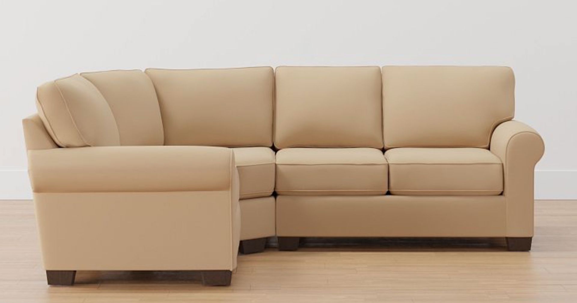 Pottery Barn Buchanan 3 Piece Curved Wedge Sectional Sofa In Camel Performance Suede