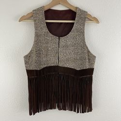 Vintage 90s Western Boho Brown Tan Leather Fringe Hem Tweed Sleeveless Vest Top