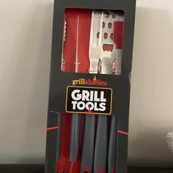 NEW BBQ Grill Tools Set - 4-Piece Heavy Duty Stainless Steel Grill Tools (Grey)