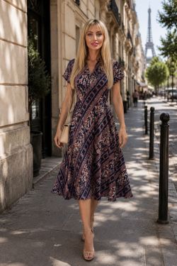 Ralph Lauren Navy and Pink Floral Wrap Midi Dress