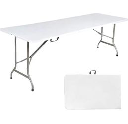 8ft Portable Folding Table Plastic Indoor Outdoor Picnic Party Camp Dining Table with Handle, White