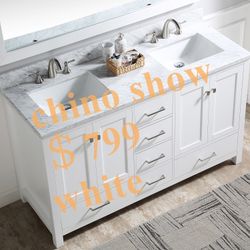 60”white double sink bathroom vanity with carrara white marble stone top