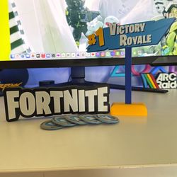 Fortnite logo display, Victory royale sign and v bucks