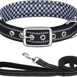 Dog Collar with Leash Set,Reflective Soft Neoprene Padded Breathable Nylon Puppy Collar for Extra-Small/Small Medium Large Dogs