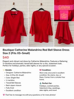 ❤️ Catherine Malandrino Red Bell Sleeve Dress-Size 2