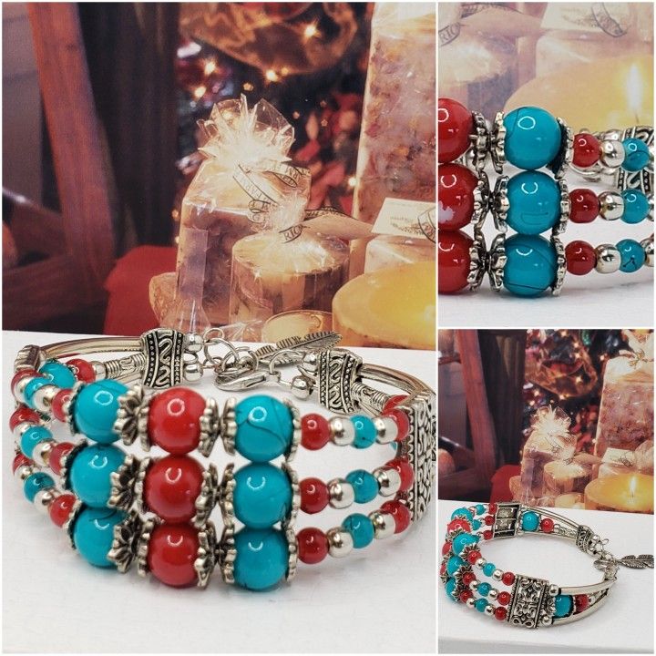 Vintage native bracelet, turquoise and red stone. beautiful rare piece. #960
