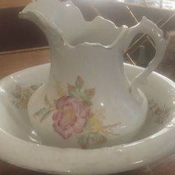 Lg. Antique Pink Floral Pitcher & Wash Basin