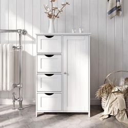 Bathroom Storage Floor Cabinet with Adjustable Shelf and Drawers, White