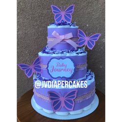 Purple and pink butterfly diaper cake great for baby showers