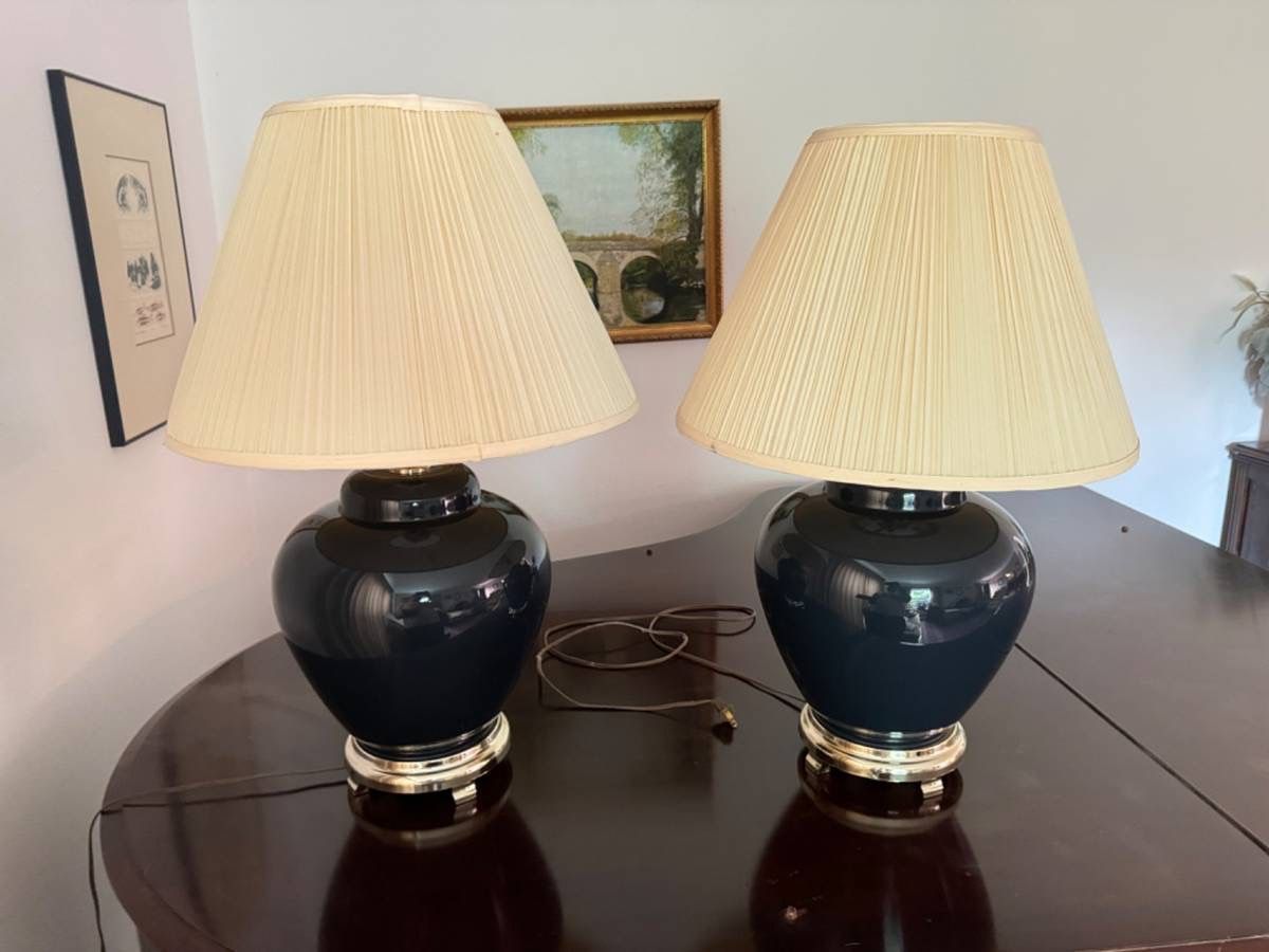 Two vintage Matching Navy Blue Ceramic and Brass Table Lamps