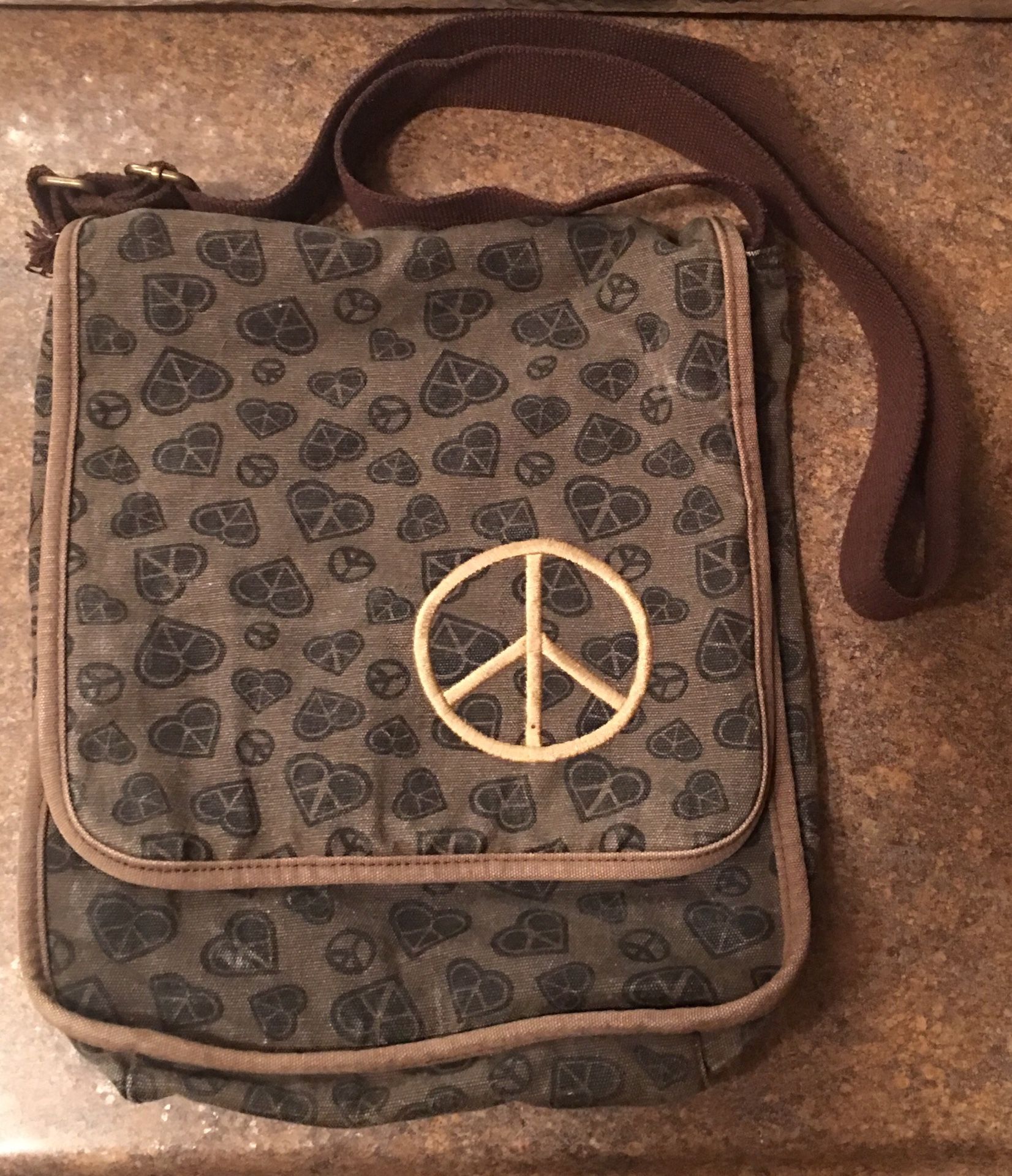 Peace Sign / Hearts Pattern Crossover Messenger Bag