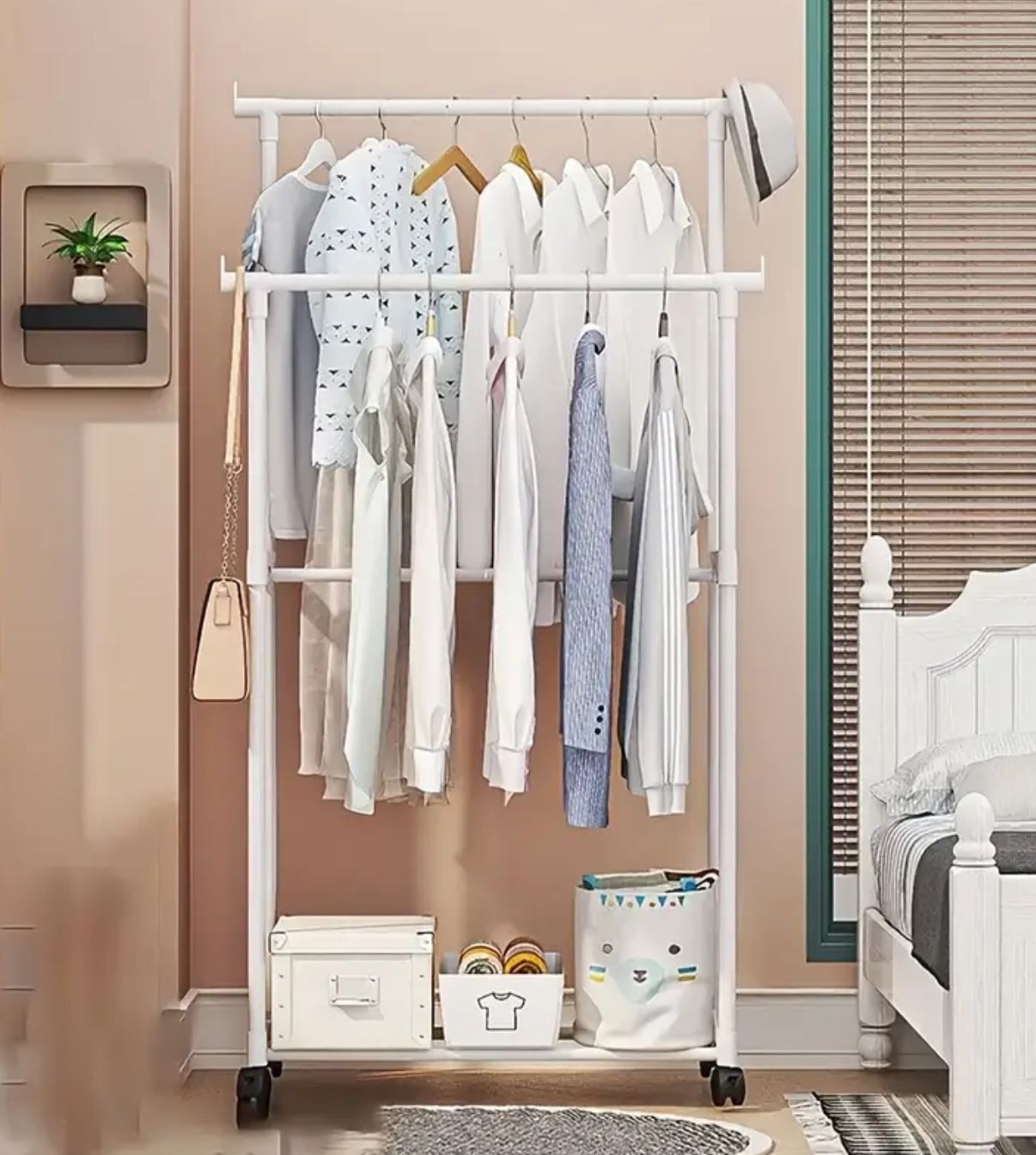 Multifunctional Metal Coat Rack with Wheels, Double Pole, Multi-Tier Storage Organizer for Clothes and Shoes, Ideal for Bedroom, Entrance, Office 