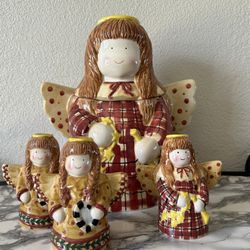 Vintage 1998 Debbie Mumm Angel Cookie Jar And Salt And Pepper Shakers Hand Painted by Sakura, Collectible Debbie Mumm Ceramics