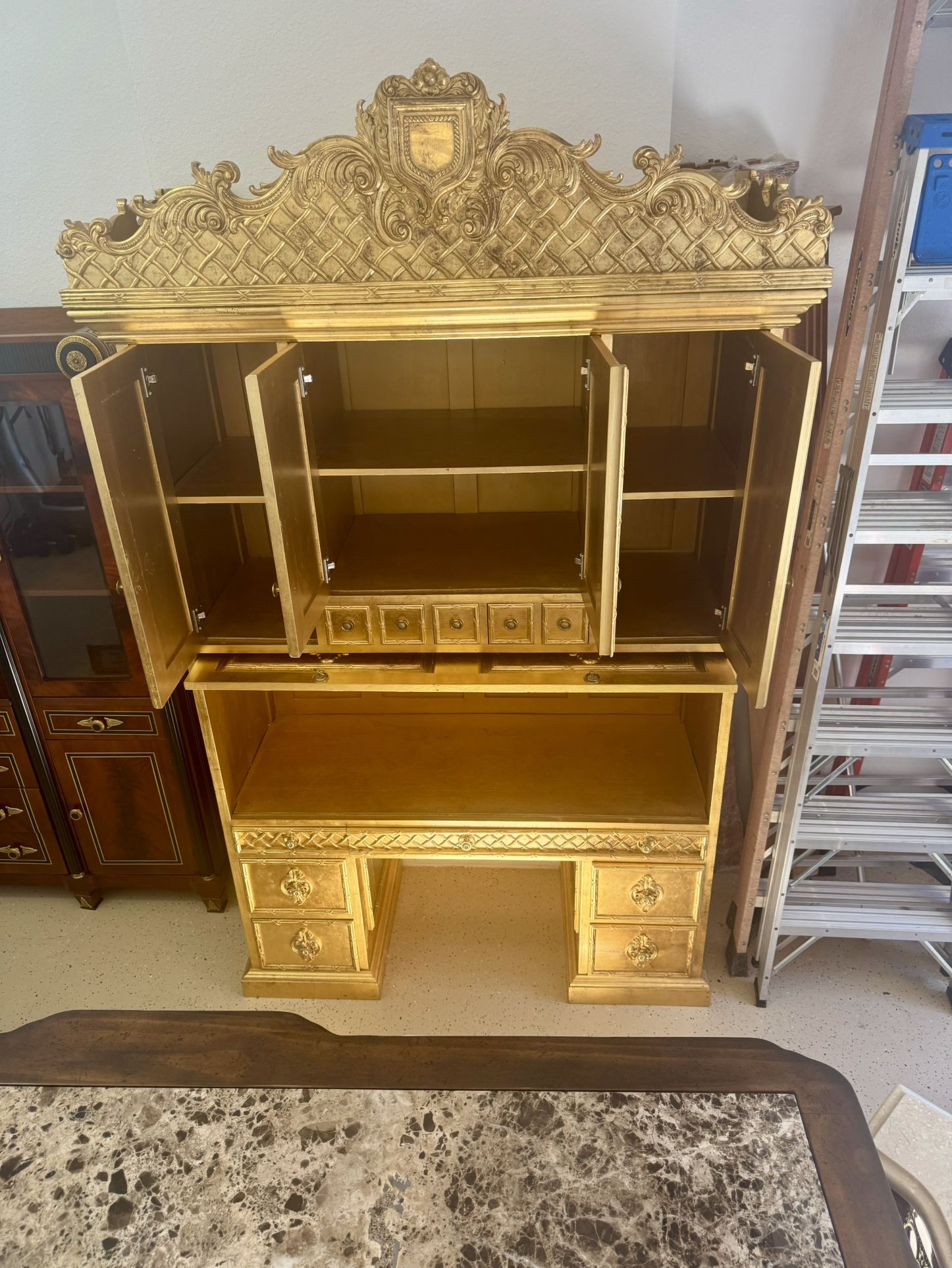 Ornate Gold Gilt Baroque Style Desk & Cabinet Armoire –...