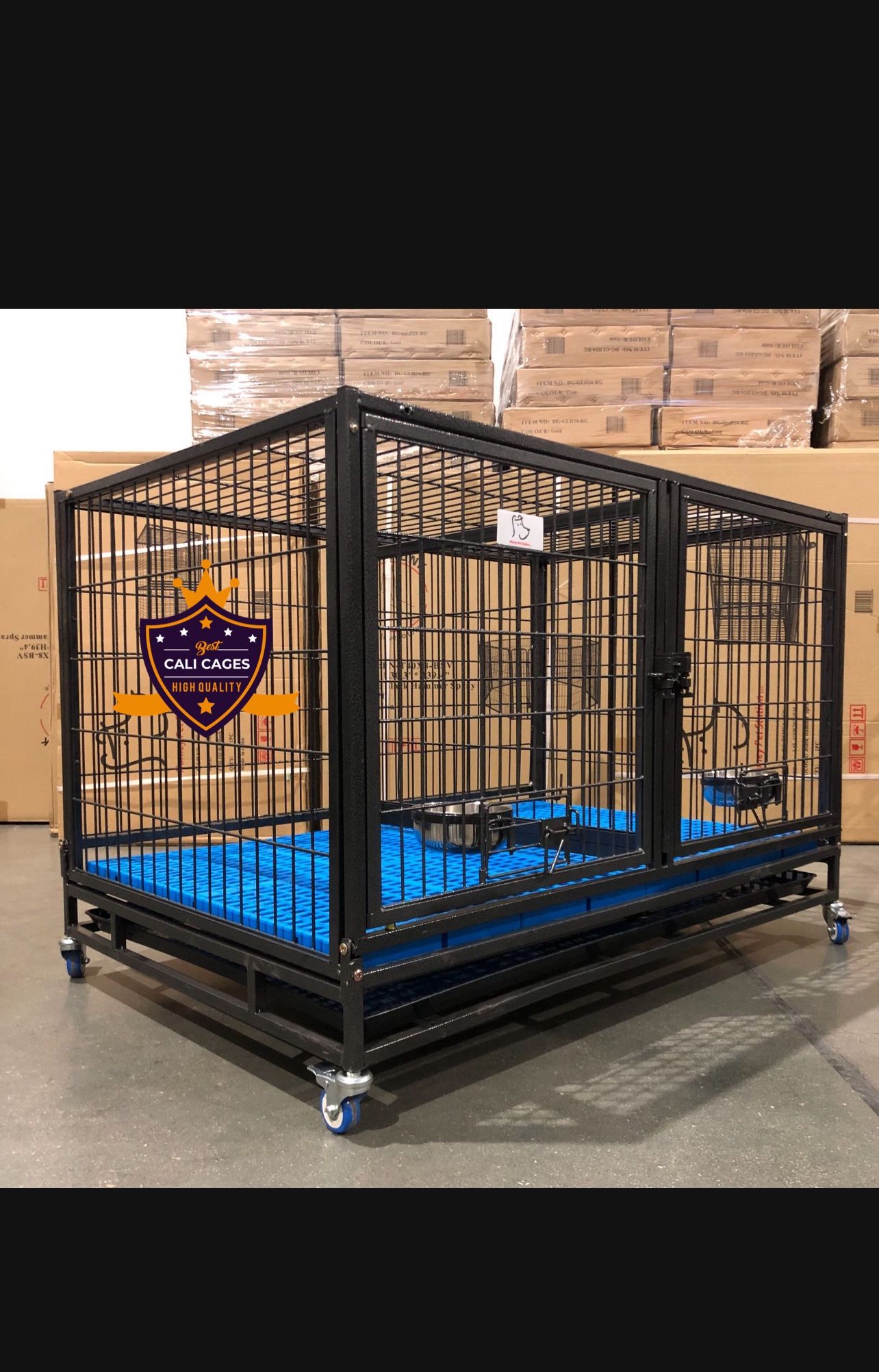 Dog Cage Kennel Size 43” With Divider Feeding Bowls Trays And