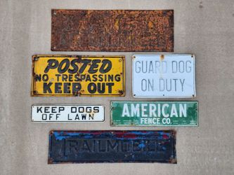 Lot of 6 Embossed Metal Vintage Signs Mancave Signage Garage Yard Art