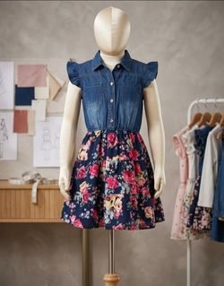 Girls Denim & Floral Mixed Dress like new 7-8
