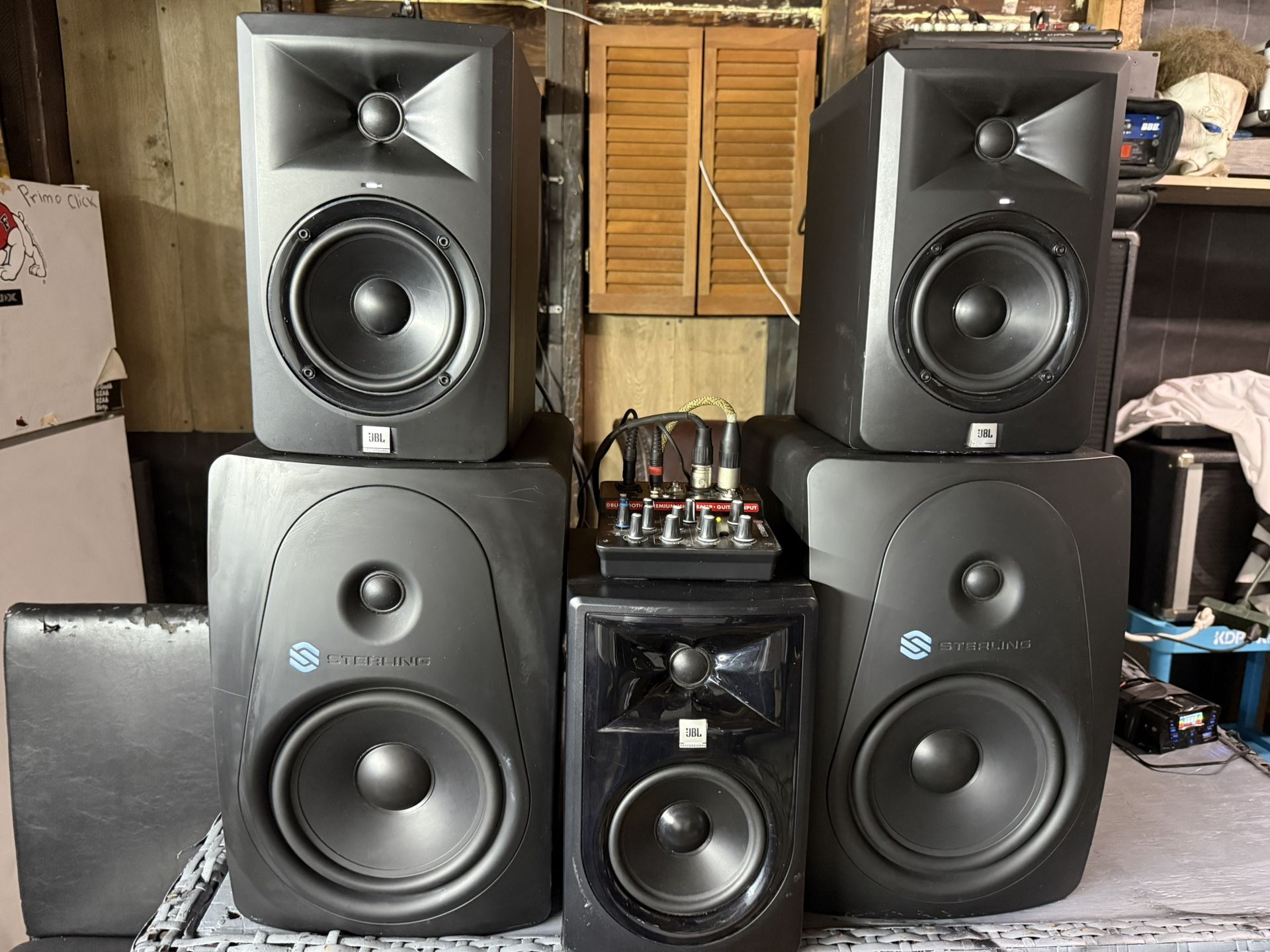 3 JBL Monitor Speakers And A Pair Of Sterling 8” With A Harbinger Bluetooth Mixer Everything Is In Great Condition Almost New Asking $400