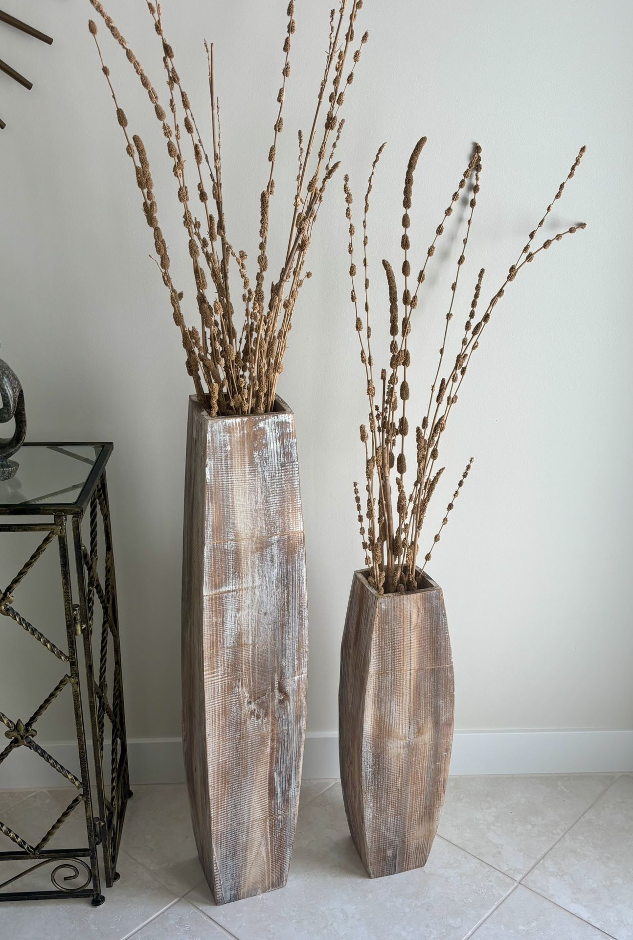 Set of 2 Coastal Farmhouse Whitewash Wood Floor Vases