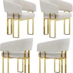 Jajaplus Dining Chair with Arms, Luxury Off White Boucle Barrel Dining Room Chair with Mirrored Gold U-Shaped Legs for Kitchen, Bedroom, Makeup Room, 
