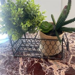 Home Decor Black Wire Basket Greenery And Faux Cactus Plant