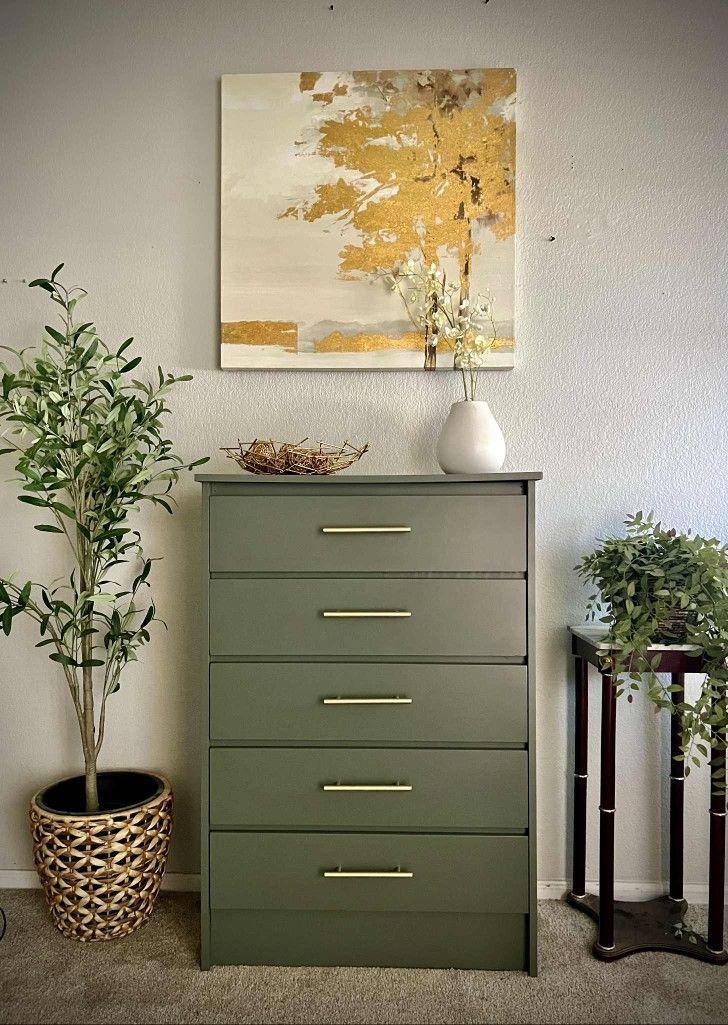 Sage green modern dresser with gold hardware 