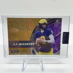 JJ McCarthy ‘23 Wild Card ‘QB1 On The Clock’ Rookie Gold/Purple Disco 12/15