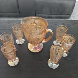 1930's Vintage  Jeannette Iris & Herringbone Iridescent (peach) Pitcher & 6 Glasses Set