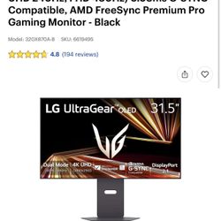 LG 32GX870A-B 32-inch Ultragear 4K 240hz OLED Gaming Monitor Dual Mode 240hz/480hz