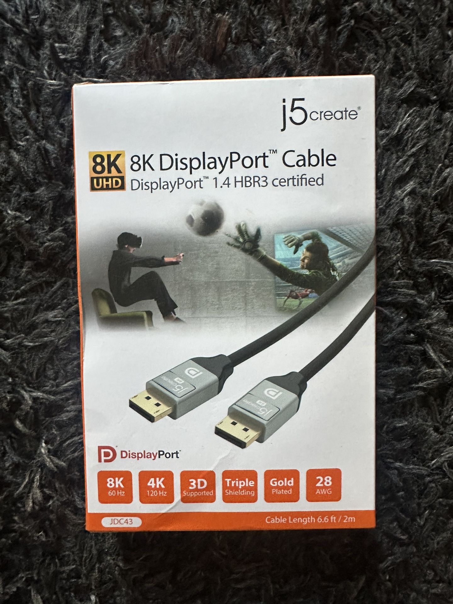 j5create, 8K @ 60 Hz / 4K @ 120 Hz, 32.4Gbps DisplayPort Cable for TVs, laptops, monitors, graphic cards, 6.6 ft, JDC43