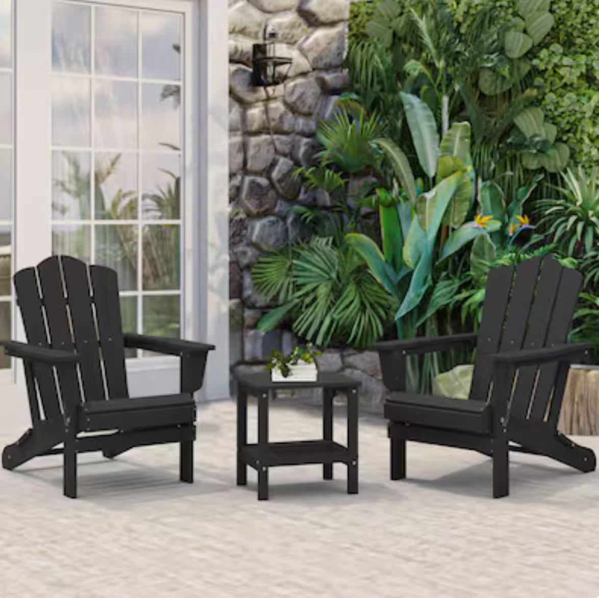 2 pcs All-Weather Patio Folding Adirondack Chair and Table Stackable Black HDPE Frame Stationary Adirondack