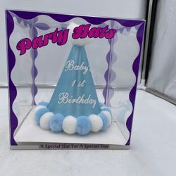 New Light Blue Satin Baby’s 1st Birthday Hat boutique in box never used 