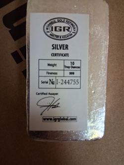 10 Troy ounce 999 Silver bar by  IGR
