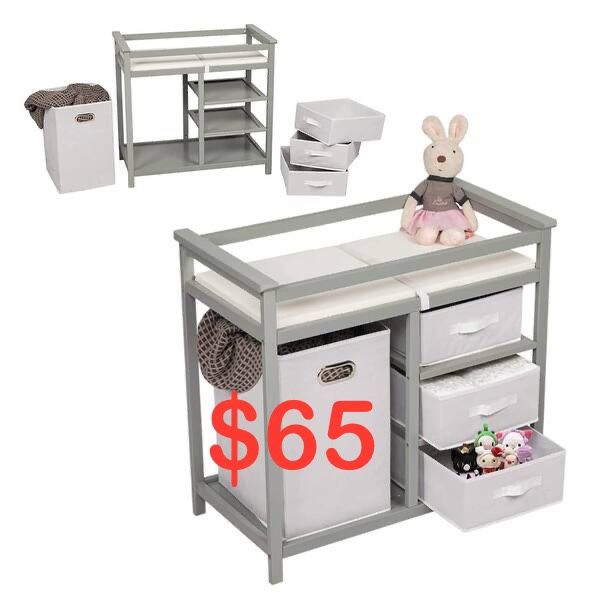 Kinbor Baby Changing Table - Infant Diaper Station Nursery Organizer with Hamper, 3 Baskets and Changing Table Pad