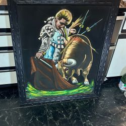 Vintage 60S Black Velvet Painting, Spanish bull Fight